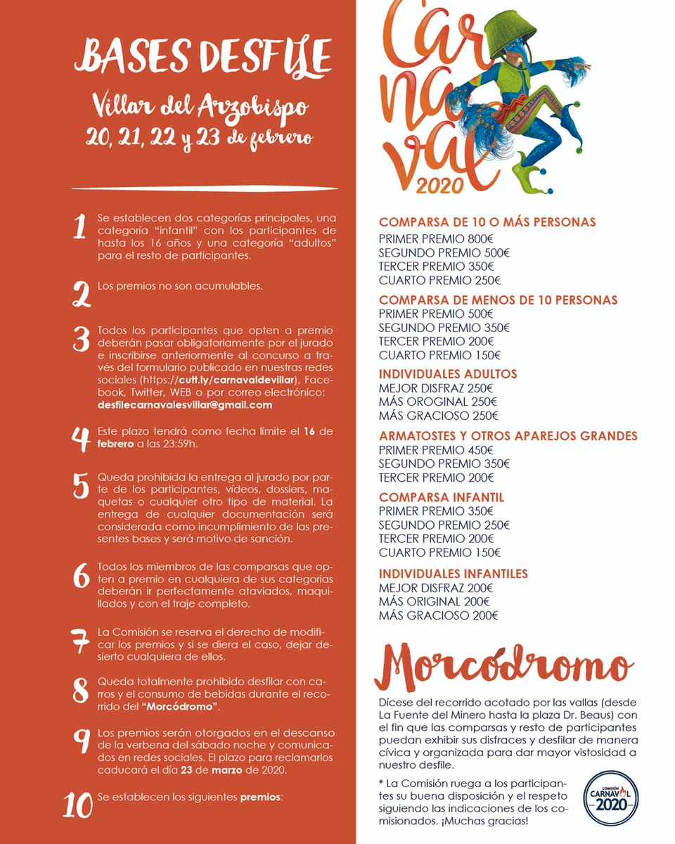 Carnaval_Villar's tweet photo. ¡Ya puedes apuntarte al desfile del Carnaval! Consulta las bases e inscríbete en la categoría que desees participar para poder pasar por el "Morcódromo" y optar a premio".
Apúntate:https://t.co/23MmtBpt79 
 #carnavalvillar https://t.co/izcT74uOHq