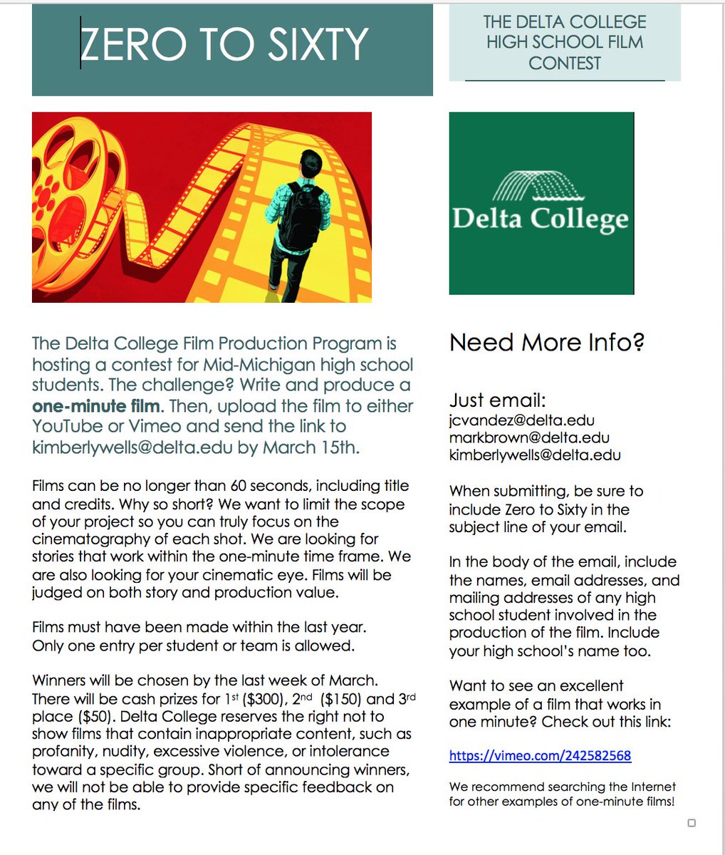 DeltaWoodFilm's tweet photo. @BayCitySchools please check out this opportunity for your high school students. Please share with relevant teachers. https://t.co/3eFh5pSVyK