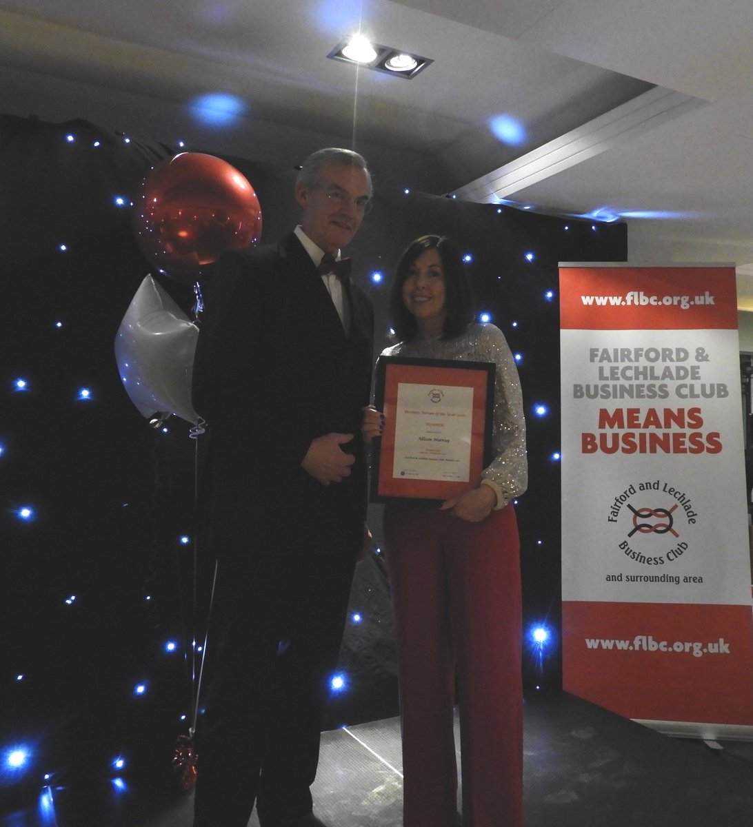 FLBClub's tweet photo. Very worthy winner of the #FLBClub Business Person of the Year Award - Allison Murray of Allison Murray Design collecting her award from sponsor Simon Hersom of Hersom Whittaker Ltd. Some of Allison's brands: @lynwoodandco; @MadeByBob; #Fairford; @Thyme_England & @ButlerSherborn. https://t.co/X7XAPK3P50