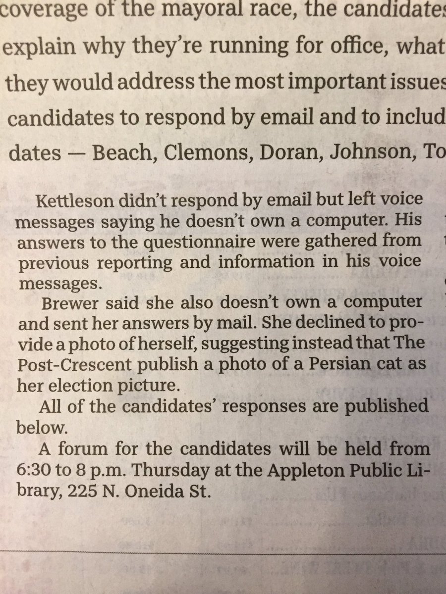 bradcebulski's tweet photo. @ColinJost in the city of Appleton, Wisconsin (population of 72,000) this is what our mayoral election has come to. What decade is this?? Despite the year, a Persian Cat as a profile pic will get the job done. No joke... https://t.co/qL3Uj9ngvZ
