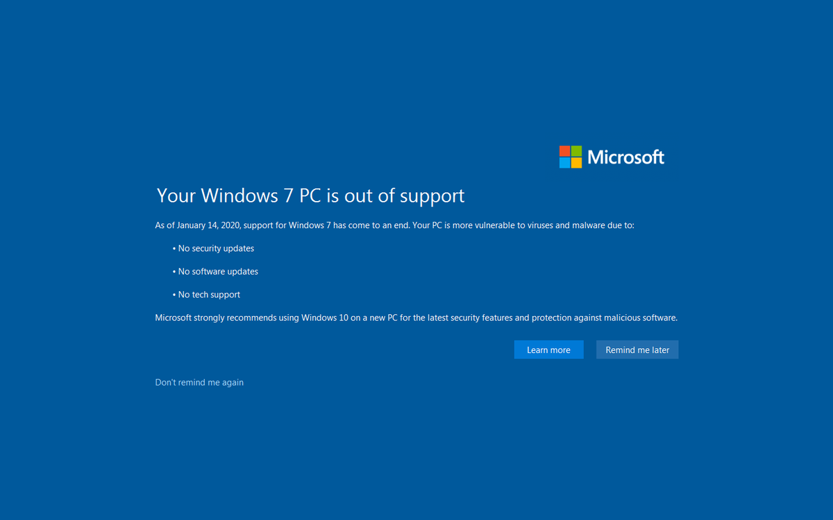 Windows 7 showing an out-of-support notification
