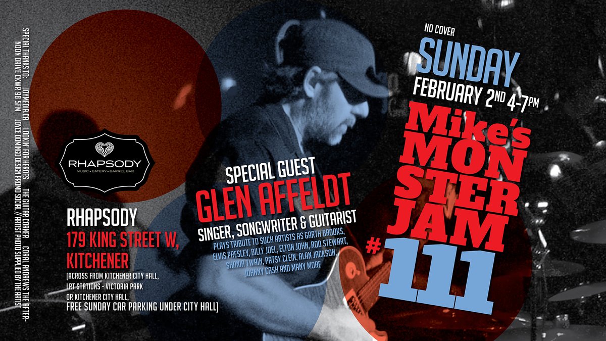 Monster Jam #111 Sunday, Feb. 2nd - 4-7pm
<a href="/Rhapsodybarrel/">Rhapsody Barrel Bar</a> 
SPECIAL GUEST @Glen_Affeldt 
GLEN AFFELDT Guitarist/Singer/Songwriter
FEATURING 
MIKE 'MUDFOOT' MCDONALD Guitarist/Singer/Songwriter/Producer
CORY TURNBULL Bassist/Singer
DALE ANNE BRENDON Drummer