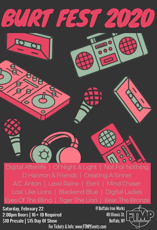 FTMPEvents's tweet photo. Sat, Feb 22nd! #BurtFest 2020! @ONALofficial, @CreatingASinner, @lexxiraine, @EyesBlind1, @bearthebronze, @realmindchaser, @NotForNothing2, @lostlikelions, @dominic_hannon, @DigitAfterlife, &amp; more! 2:00pm doors at @IronWorksBflo! $10 tickets: https://t.co/zax4fEV0KG https://t.co/V9gQqmvXLU