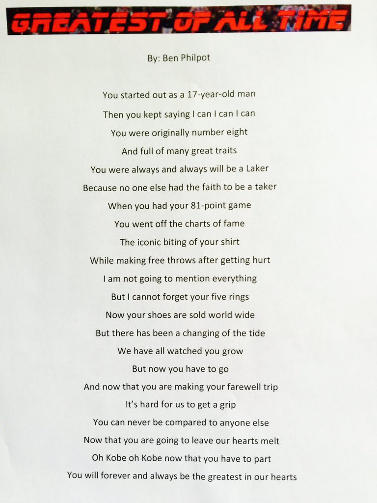 I wrote this poem in 8th grade.Kobe Bryant was more than athlete to me and others around world. RIP KOBE