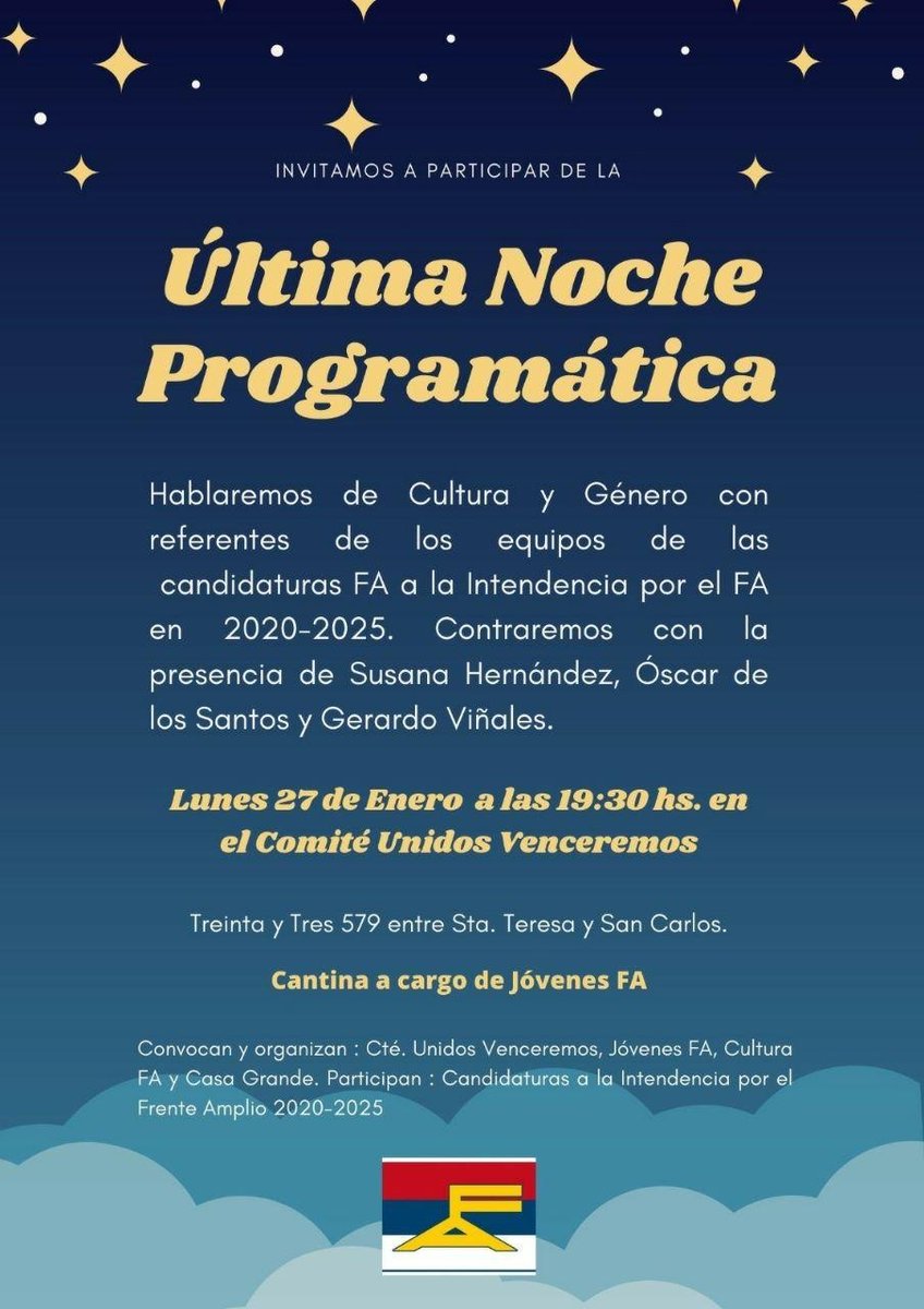CasaGMaldonado's tweet photo. Se viene la última Noche Programática en el patio del Cté. Unidos Venceremos con @jovenesfamaldo hablaremos de Cultura y Género con la presencia de  @susanaFA_Maldon @OscarDeloSantos y @1813_Gerardo este lunes 27/1 a las 19:30 hs. ¡ Trae abrigo ! #ProgramaFA #NochesProgramaticas https://t.co/Z5wOIFwyR5