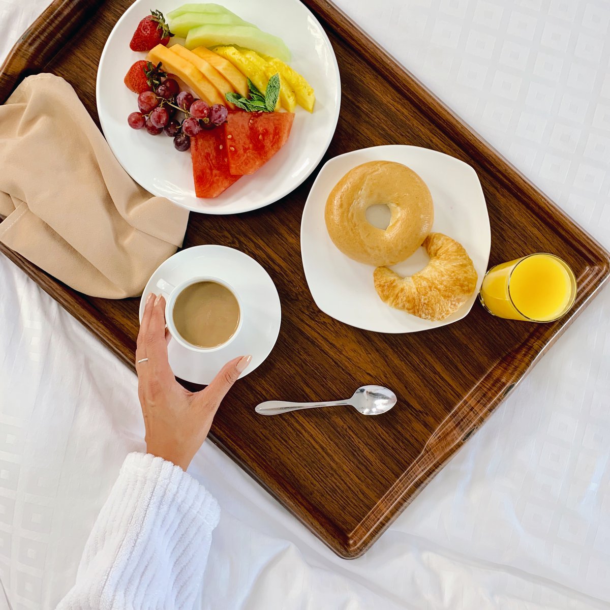 CalgaryPlaza's tweet photo. You have to love breakfast in bed. Today we had a healthy one, fruit plate, bagel and croissant, some OJ and a coffee. What a way to start the day. If breakfast in bed isn't your thing come down and join us for our fabulous Sunday Brunch buffet. 10am-2pm. 
#brunch https://t.co/yFQriklnqe