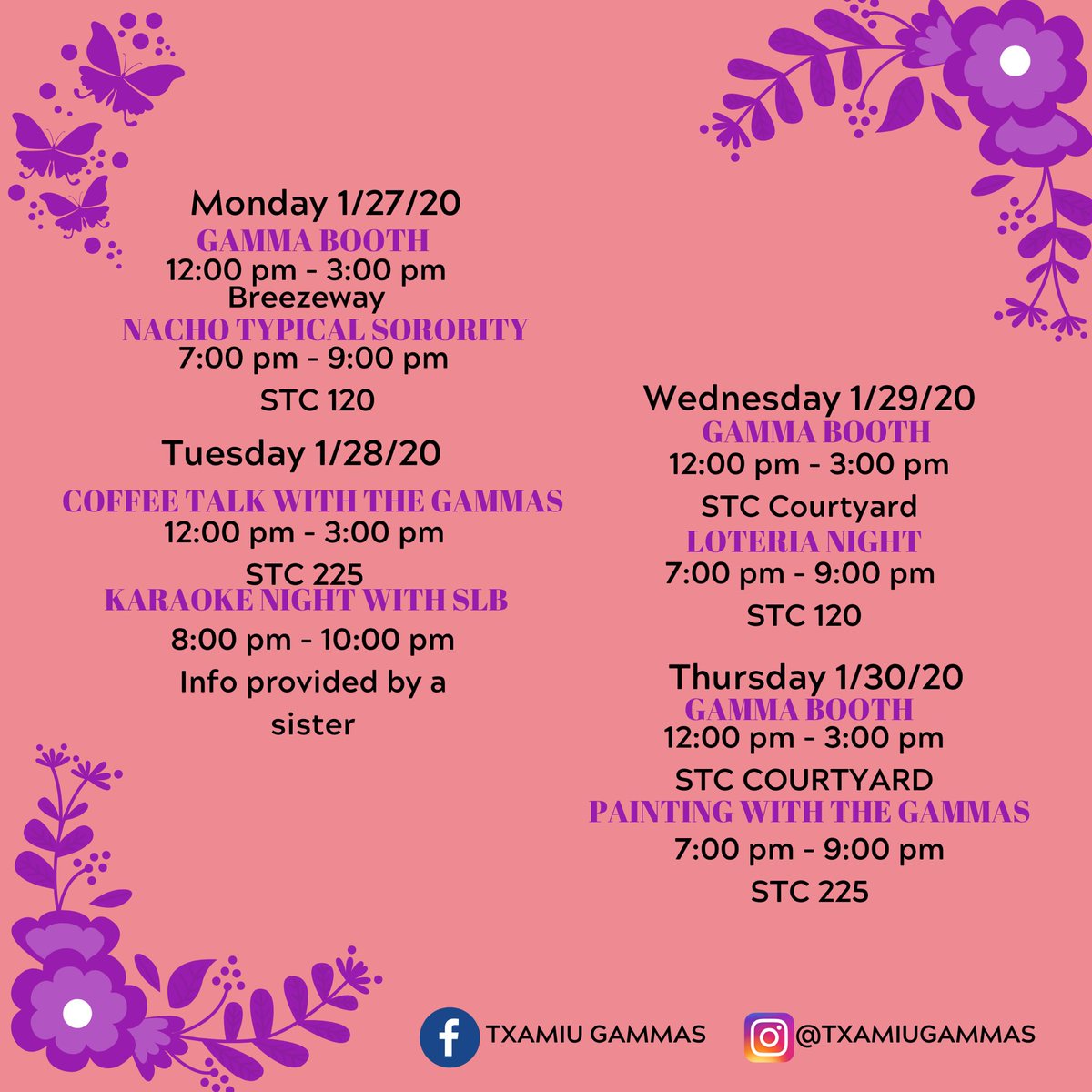 TxAMIUGammas's tweet image. Quick Reminder💕

Want to know what SLG is about? 💖💜
Join us tomorrow as we start with our first day of Recruitment week. Can’t wait to meet you. 💖

#TxamiuGammas #SLGRecruitmentSpring2020 #WhySLG