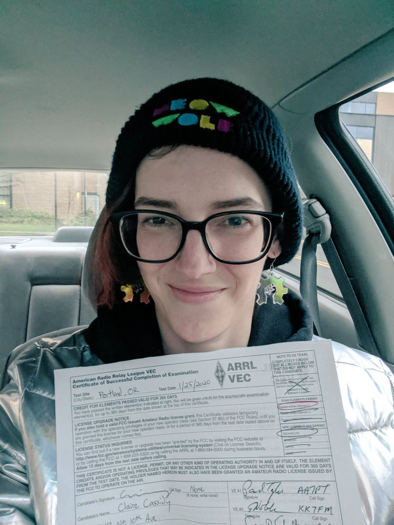 LaserMistress's tweet photo. It took 10 hours over two days for the cram class and test, and I loved very little of that process, but I passed and am now an amateur ham radio technician. Ya know, just in case. #hamradio #womenintech #fieldday #hardwarenerd https://t.co/dR5aP7fqi1