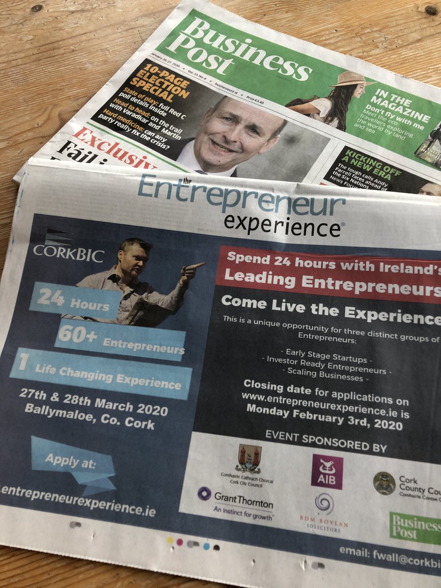 Pick up your <a href="/businessposthq/">Business Post</a> today to find out all about our upcoming Entrepreneur Experience #EntExp24 Applications Close Feb 3 entrepreneurexperience.ie partners <a href="/corkcitycouncil/">Cork City Council</a> <a href="/Corkcoco/">Cork County Council</a> <a href="/AIBBiz/">AIB Business</a> <a href="/GrantThorntonIE/">Grant Thornton Ire</a> #BDMBoylan <a href="/BroadlakePete/">Pete Smyth</a>
