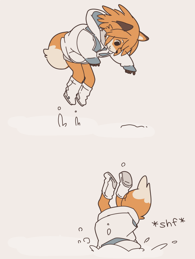 A fox girl diving in the snow 
