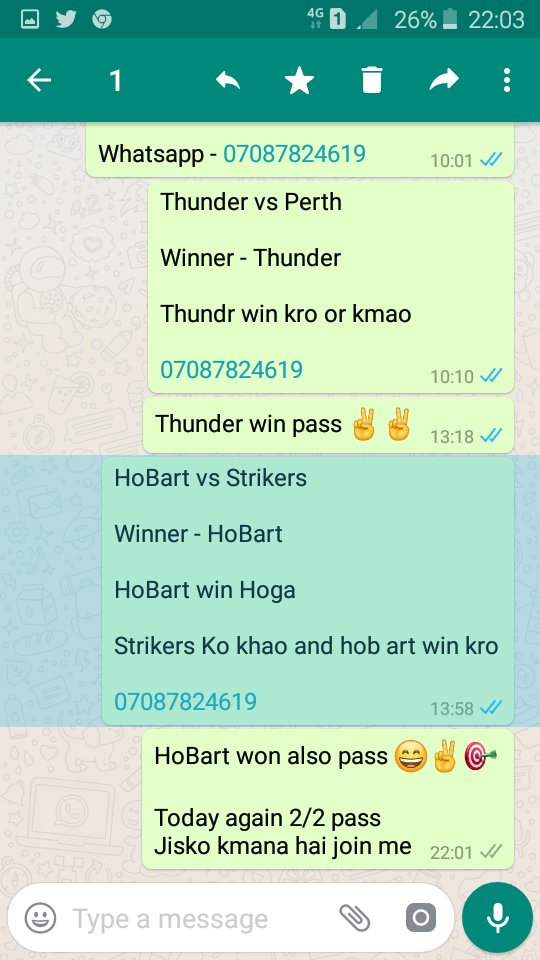 CRICKETINSIDER6's tweet photo. #BBL09 

Thunder and HoBart won also pass 😄✌🎯

Today again 2/2 pass 
Jisko kmana hai join me
07087824619 https://t.co/fInBywUQyF