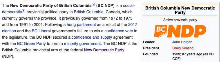 CanPolPM1's tweet photo. @TJohnhorgan Awkward.  "The BC NDP is the British Columbia provincial arm of the federal New Democratic Party (NDP)." https://t.co/Qh9226TCbl