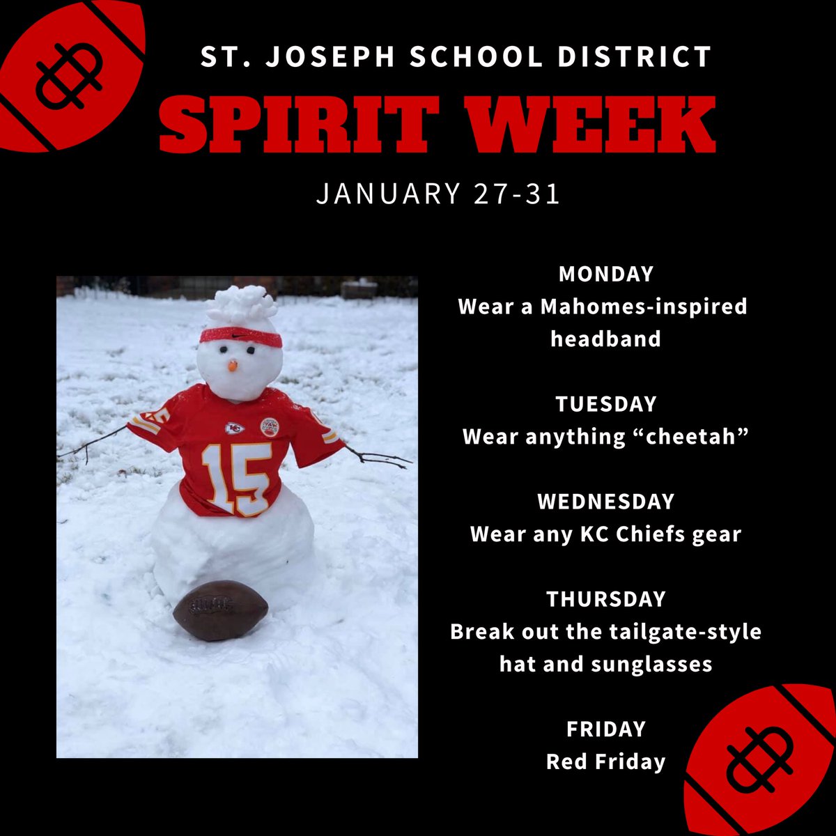 🏈 This crew turned Friday’s snow day into a good opportunity to celebrate the Chiefs and gear up for the Super Bowl! ⛄️ Many SJSD schools are participating in Spirit Week January 27-31 to support the Chiefs. Students and staff are invited to participate with their schools. 🏈