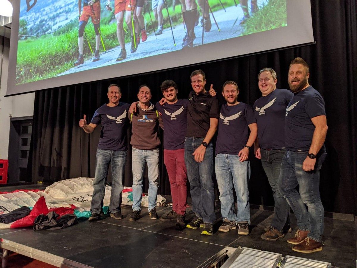 RAFHangPara's tweet photo. A fabulous 'An Evening With' event in Bristol, courtesy of @xcmag, enabled our Chief Coach (pictured) and other @RAFHangPara members to meet the legend that is six times @RedBullXAlps winner, outstanding paraglider pilot, athlete and all round nice guy Chrigel Maurer. Simply wow! https://t.co/ON2YE1UVEV