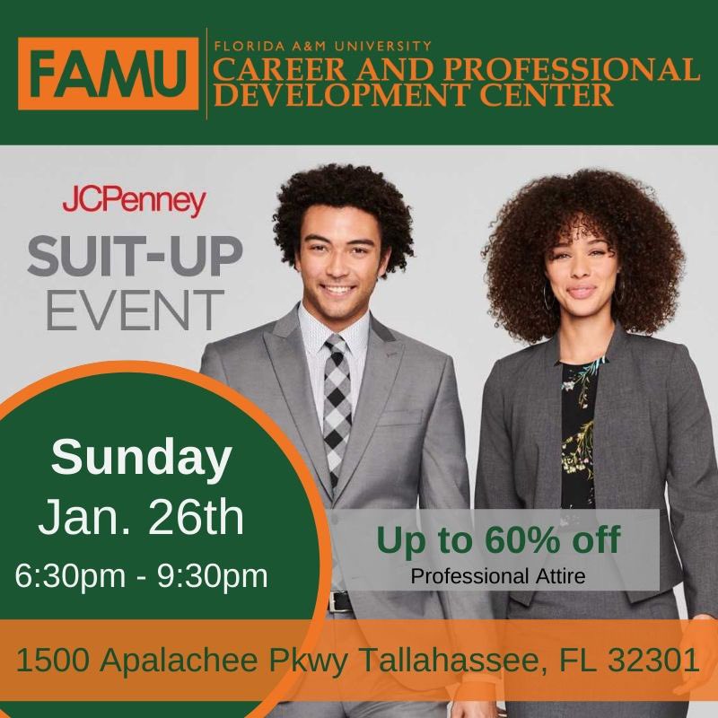 connectedwithcj's tweet photo. Join us this Sunday, January 26 for the FAMU JCPenney Suit-Up event from 6:30 p.m. - 9:30 p.m. at the Governor's Square Mall to shop up to 60% off men and women career apparel. https://t.co/PSfLyw6zCd