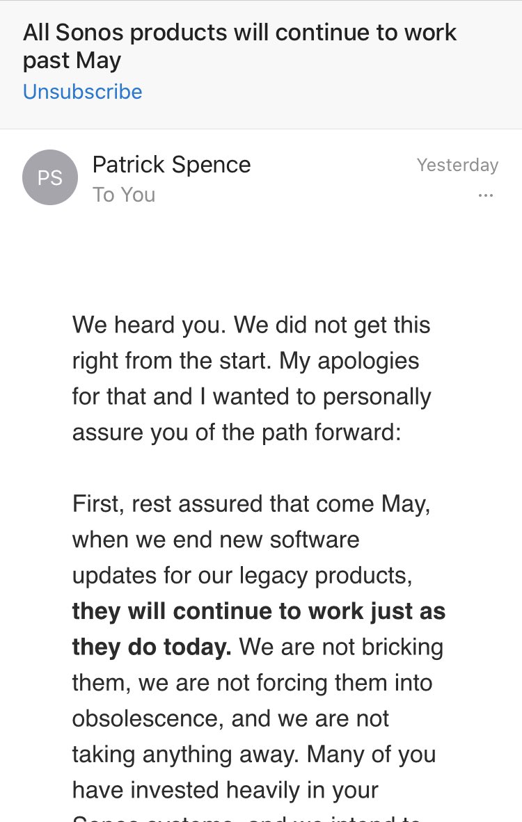 stevecurzon's tweet photo. Will Sonos bounce back? Tuesday they say my kit is defunct, then Saturday CEO apologises and promises to do better. Overnight they’ve sowed seeds of doubt among their customers...not great when a brand rocks its own foundations. I’ll be watching with great interest! https://t.co/AqrwsAWXGX