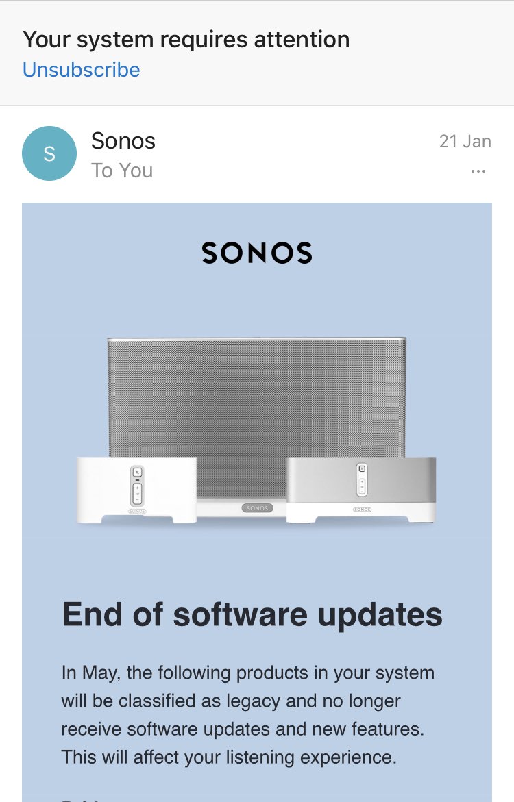 stevecurzon's tweet photo. Will Sonos bounce back? Tuesday they say my kit is defunct, then Saturday CEO apologises and promises to do better. Overnight they’ve sowed seeds of doubt among their customers...not great when a brand rocks its own foundations. I’ll be watching with great interest! https://t.co/AqrwsAWXGX