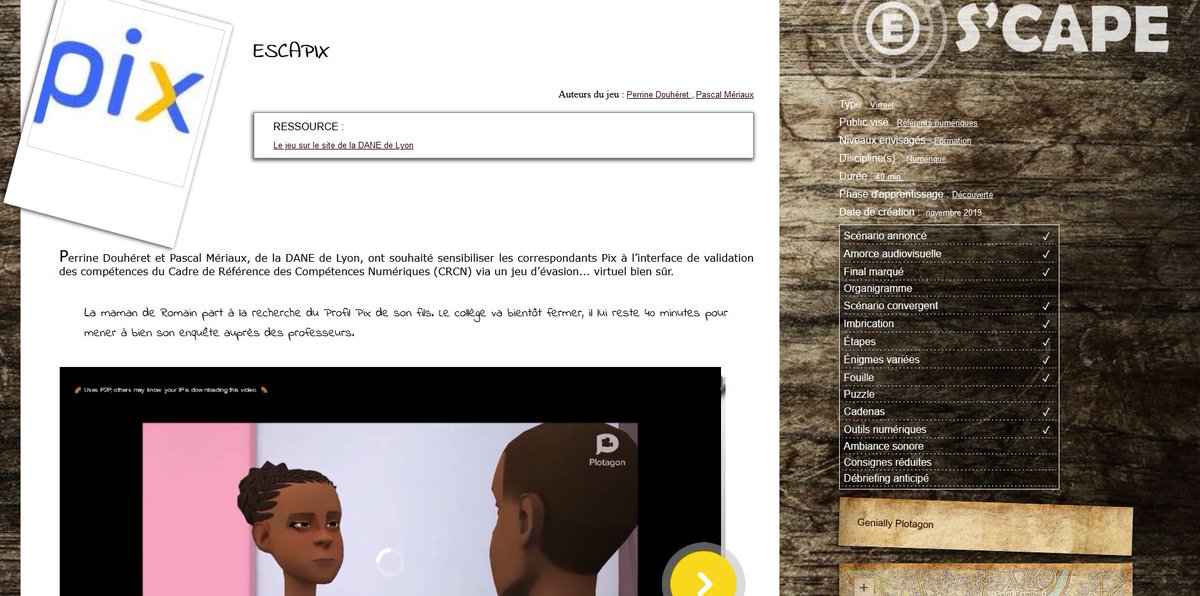 ESCAPIX, l'#escapegame sur PIX de <a href="/DANE_acLyon/">DRANE Lyon</a> est sur S'cape. Découvrez l'univers #Pix lors d'une enquête réalisée avec <a href="/genially_fr/">Genially_fr</a> par @SVT_DOUHERET et <a href="/PascalMeriaux/">Pascal Mériaux</a> 

scape.enepe.fr/escapix.html

#EGpeda #SEG #jeudevasion #escapegames #seriousgames #CRCN