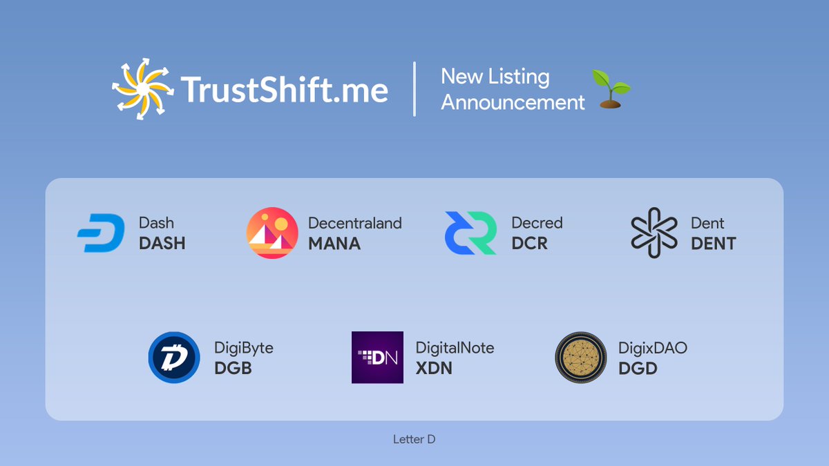 TrustShift_me's tweet photo. 📢New Listing $DASH $MANA $DCR $DENT $DGB $XDN $DGD is now available on #TrustShift Exchange! 
#DASH @decentraland #MANA #decred #DigiByte #DigitalNote #privacy
Make your first #anonymous swap today! https://t.co/X8jTWvhlVK