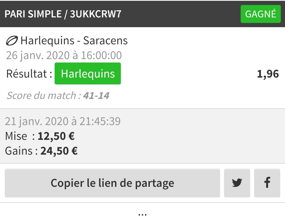 🏉Merci au poto <a href="/pierreFree2/">PierreFree- Public 🏉</a> &amp; aussi @rugbytipser qui m'a contacté pour la value, que je n aurais pas joué sans la confirmation de pierro, n y connaissant rien.

🔝taf. Bet pris dans la semaine, le cashout était au-dessus de la mise avant le match...

#BDL #ShortsCourtsDansLaBoue