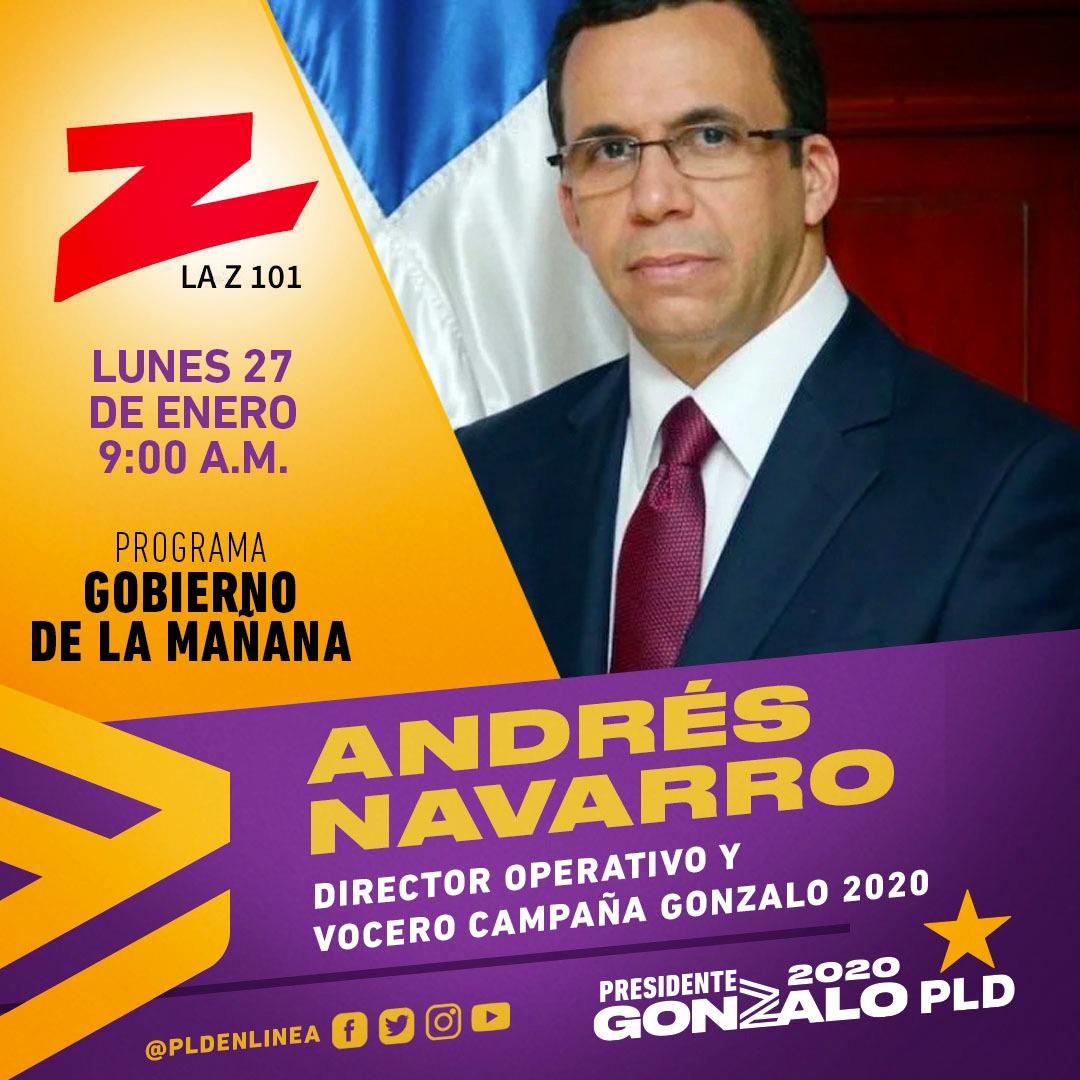 adrielalburque9's tweet photo. El miembro del Comité Político del PLD y director operativo de la Campaña de Gonzalo Castillo, Andrés Navarro, estará mañana lunes en el programa “GOBIERNO DE LA MAÑANA” , a las 9:00 A.M., por La Z101.

Dirección: Av 27 de febrero #308, al lado del hotel Ramada. https://t.co/WNRLCdTotk