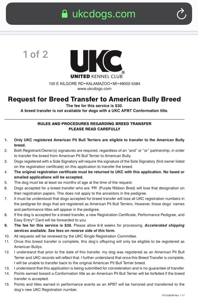 For added fun, you can transfer your registered APBT to an American bully for the price of $30. If they really were “different breeds”, registrations would be able to be transferred or dual registered like they still currently are.