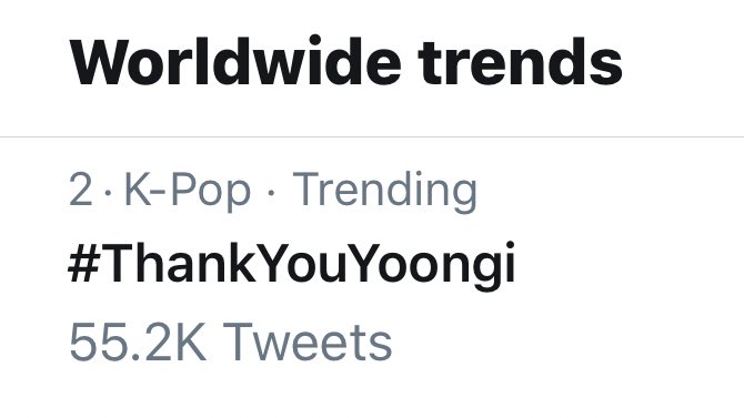 BangtanTrends's tweet photo. #ThankYouYoongi is currently trending WW! 

(@BTS_twt) https://t.co/lzcL8pnD16