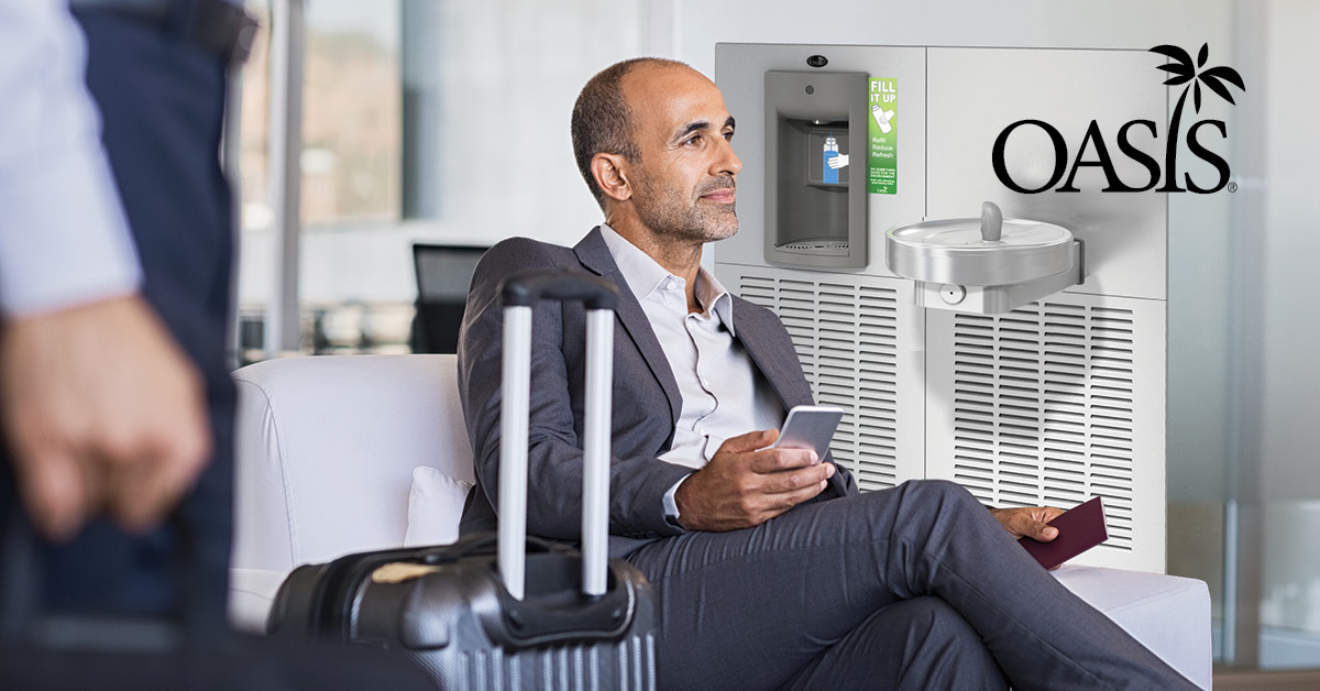 OASISIntl's tweet photo. The airport is full of travelers. Know what else? Germs! At airports, look for OASIS fountains and coolers with antimicrobial copper to fight bacteria! Learn more about the technology here: https://t.co/bZQm3Xy6Lm https://t.co/XAcmT6SEcx