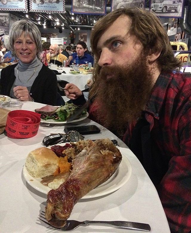 Scenes from the ball: when you dress like a lumberjack, you hafta eat like a lumberjack, as <a href="/jurasskick_park/">jurasskick park</a> demonstrates with his ostrich leg dinner. 
#motorcyclerepair #vintageandspecialty 
#vintageracing #vintagemotorcycleracing #motorcycleshop #tfma #turnersfalls #greenf…