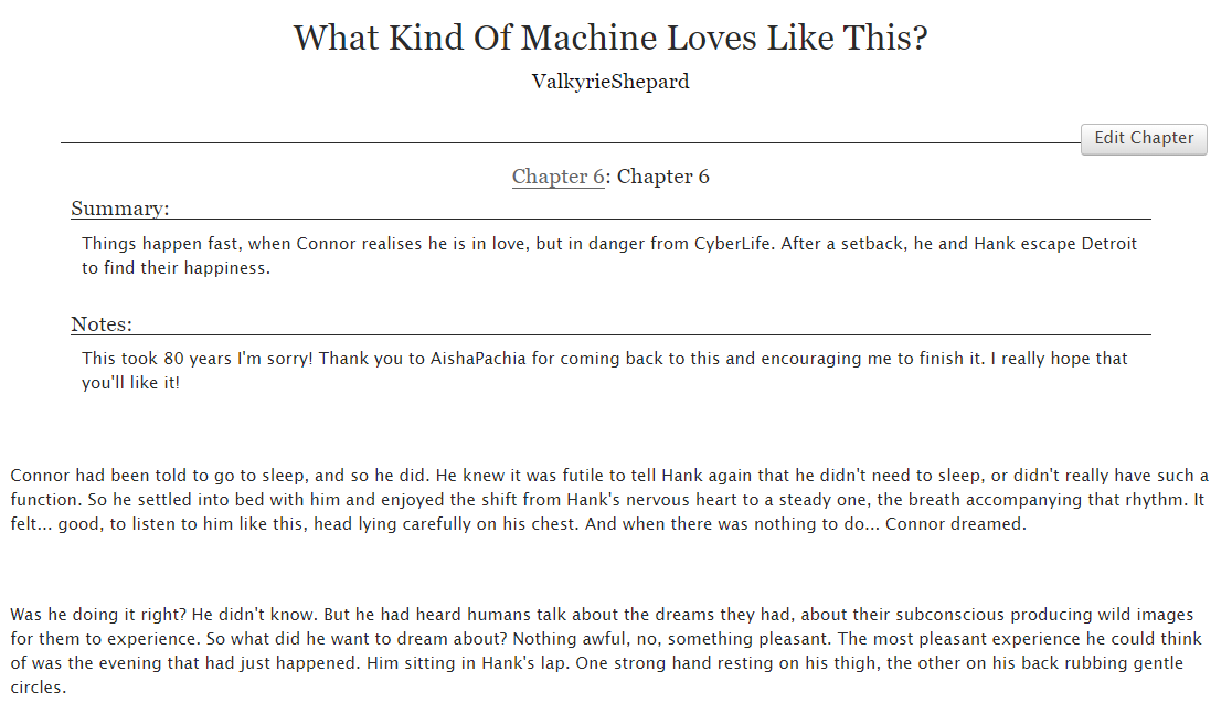 ValkyrieShepar's tweet photo. What Kind of Machine Loves Like This | Chapter 6 - FINAL CHAPTER | 17.875 words/51.763 words total | DETROIT BECOME HUMAN | #HanCon #ConHan #Detroitbecomehuman #connorhank #ConHank
https://t.co/cgBiiBhgEJ https://t.co/uGygrQy1pa