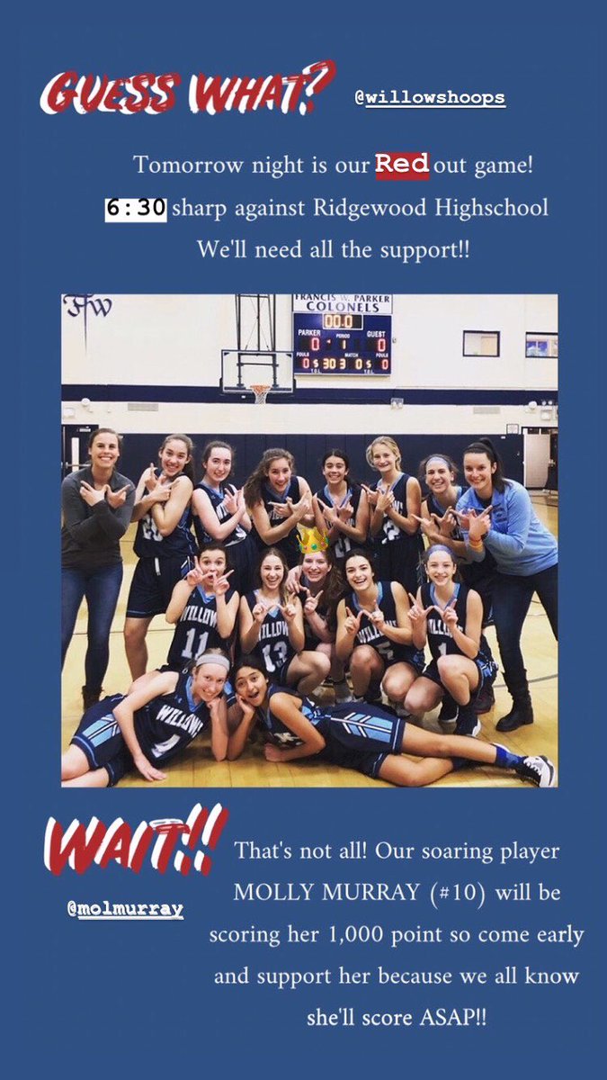 WillowsHoops's tweet photo. Shoutout to all Eagles Fans!!! We need to pack the gym tomorrow at 6:30 pm against Ridgewood High School to watch Molly Murray score her 1,000 point!!! Her first bucket will put her over the mark!!! Let’s get hyped for her as this is an unbelievable accomplishment!#1000pointclub https://t.co/vPBtvxbzMy