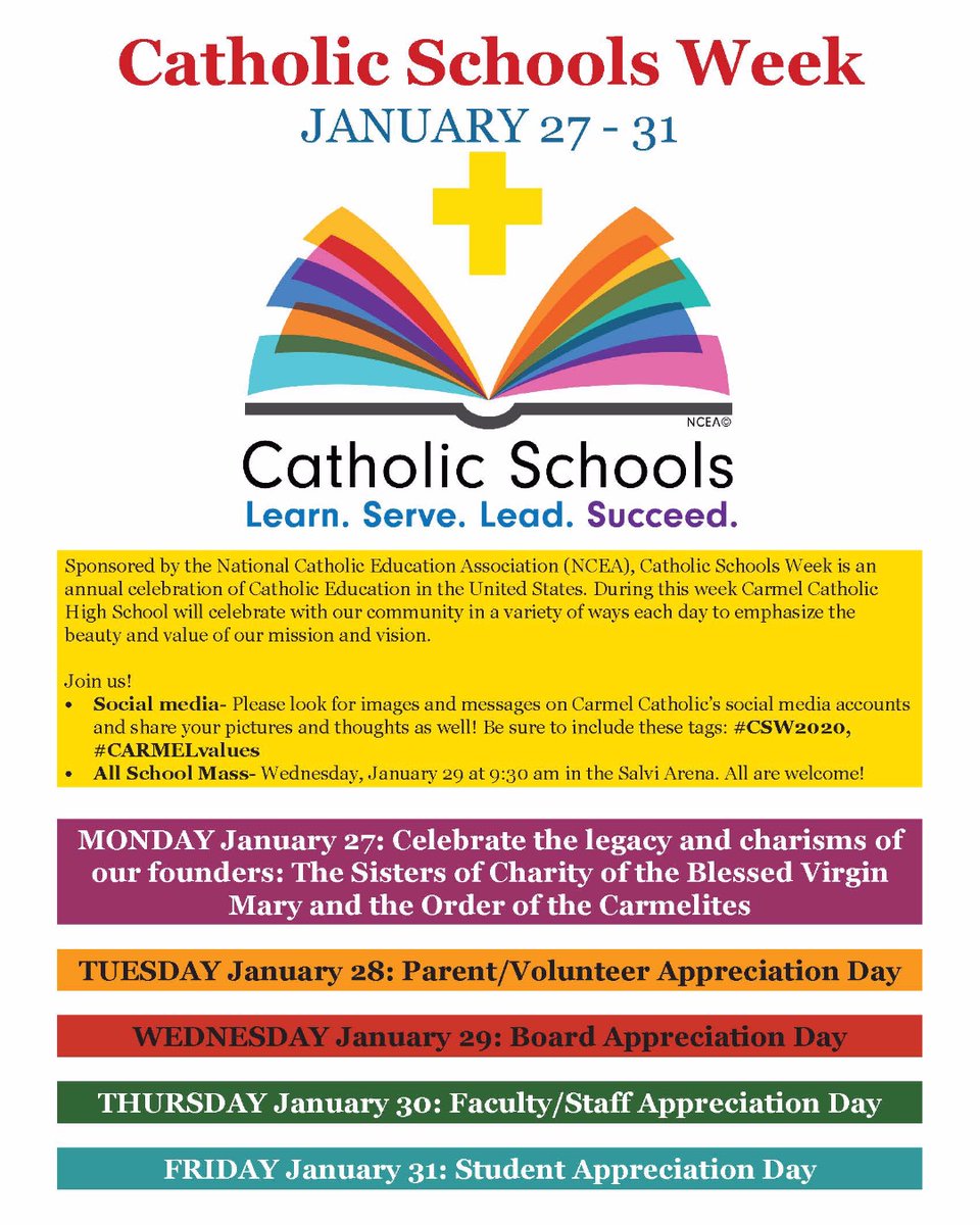 CCHSCorsairs's tweet photo. This week is Catholic Schools Week! In the days ahead, Carmel Catholic High School will celebrate with our community in a variety of ways each day to emphasize the beauty and value of our mission and vision. #CSW2020 #CARMELvalues @CCHSMission https://t.co/0YYu3dOVAM