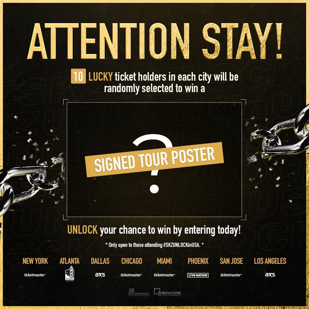 You could be one of 🔟 LUCKY winners in each #SKZUNLOCKinUSA city that will receive a signed 🗝 Stray Kids World Tour 'District 9 : Unlock' in USA 🗝 tour poster 😱 

To find out how you could win, please visit gleam.io/Psc0G/skzunloc… 👈