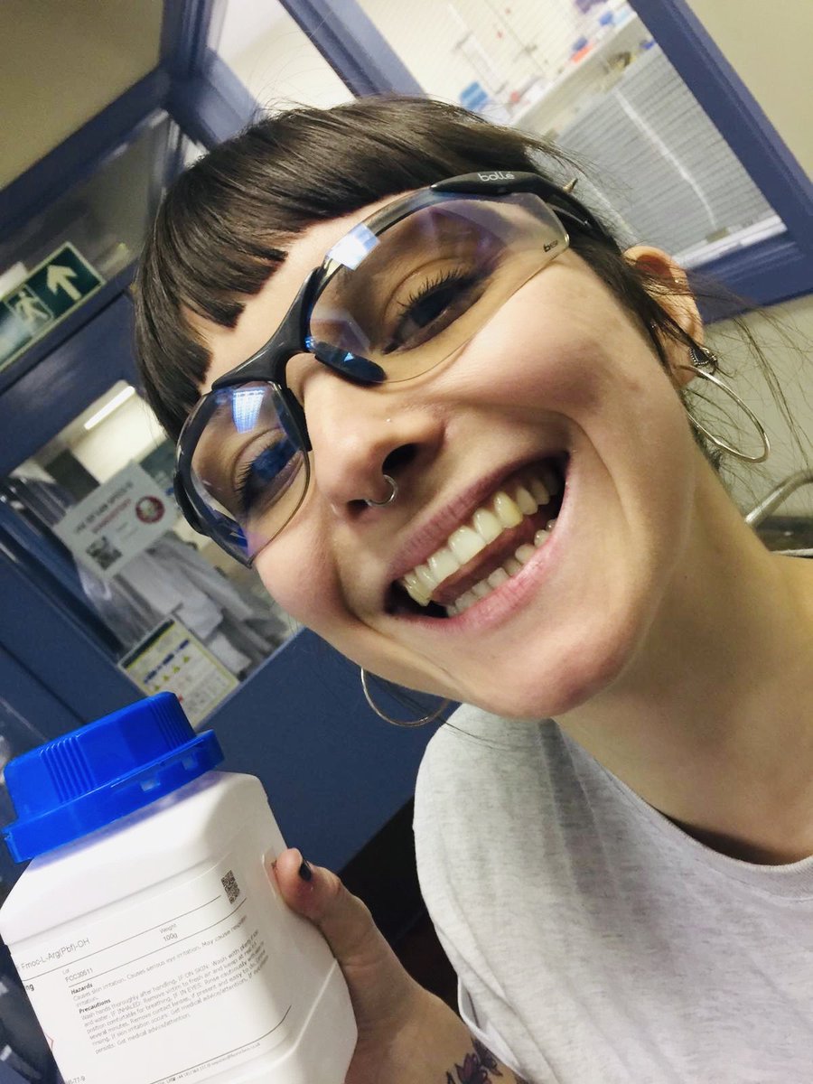 AdrienneACox's tweet photo. I love working in the lab on Sunday nights because not only can we blast fun tunes while we work, but @jackwhite_95 takes beautiful, flattering photos of me with my amino acids 🧪🎉👩🏻‍🔬

#PhDLife #PhDChat #ChemTwitter #ScienceTwitter #AcademicChatter #SciencePals https://t.co/0YrufPR9is