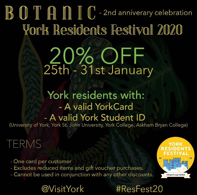 botanicyork's tweet photo. This week, we are open Monday 12 - 4 and Tuesday - Saturday 10 - 6.
And donโt forget, itโs 20% off all purchases of ยฃ10 and over with a valid YorkCard or York student ID card, Monday to Friday this week! ๐ต๐ฑ๐
#botanic #botanicyork #resfest20 @VisitYork https://t.co/iq59x6FaAO