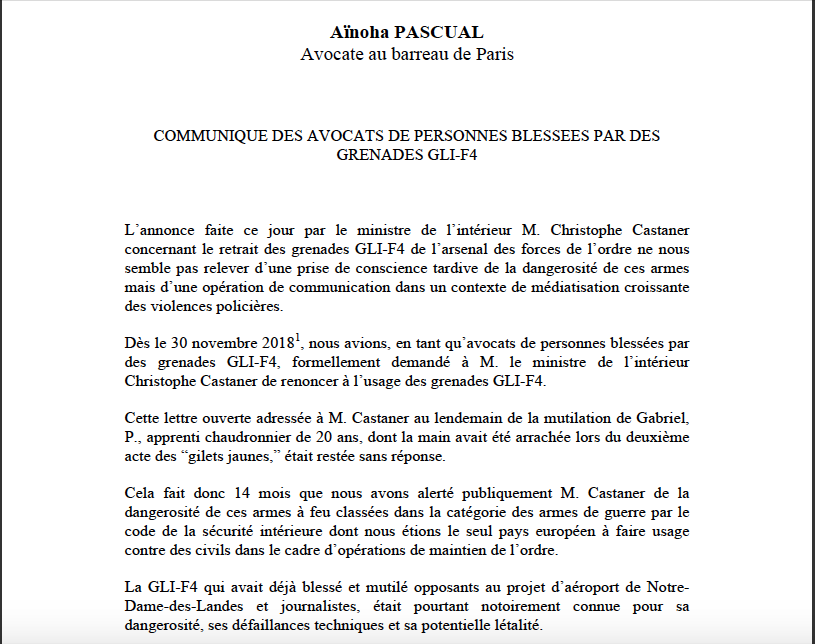 Ainoha_Pascual's tweet photo. 🔴COMMUNIQUE AVOCATS : L’annonce faite par @CCastaner concernant le retrait des #GLIF4 ne nous semble pas relever d’une prise de conscience tardive de la dangerosité de ces armes mais d’une opération de communication dans un contexte de médiatisation des violences policières. https://t.co/hIsxhkuJ9W