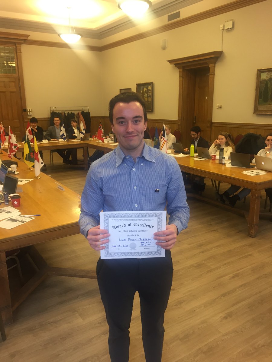 uoftcanpol's tweet photo. Our #FMCS2020 award winners! 🏅

Robin and Annie for Best Twitter Game, Jack for Most Deceitful Delegate, Kieran for Best Impersonation (of PM Trudeau!), and Liam for Most Chaotic Delegate! Congrats to all 👏 https://t.co/L8gtJ7dClH