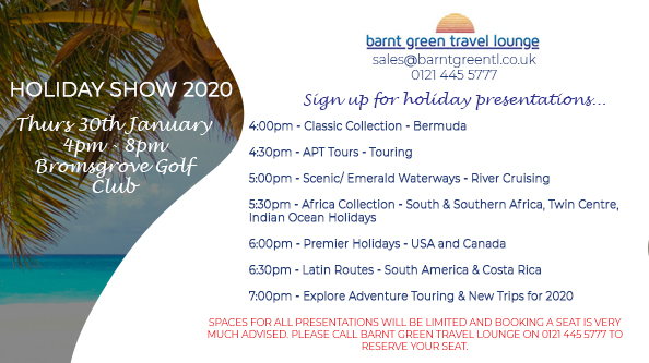 barntgreentl's tweet photo. Don't miss our exciting holiday presentations at our Holiday Show 2020 @bromsgrovegolf.  Expert travel advice &amp; special discounts at the show only! Voucher required for entry.  Get yours here 👉 https://t.co/qRAn6hISgo https://t.co/YRA246vTf2