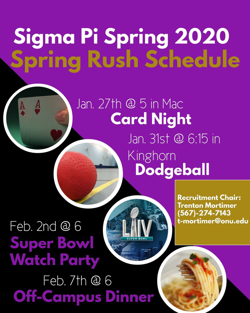 SigmaPi_ONU's tweet photo. Here is the schedule for Zeta Chapter's Spring 2020 rush season! If you are at all interested in Greek Life, come out to these fun and free events! https://t.co/G8E0TLA2rw
