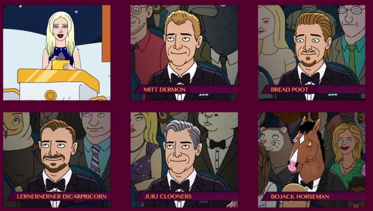 ShellyHof's tweet photo. In #PeteHolmes podcast, he asks his guest about a time they laughed the hardest. 
1. I absolutely love this question 
2. One of mine is this shot from #BoJackHorseman Sometimes I think about the writers pitching this idea and just coming up with ridiculous names and laughing https://t.co/b0jw4j7BHJ