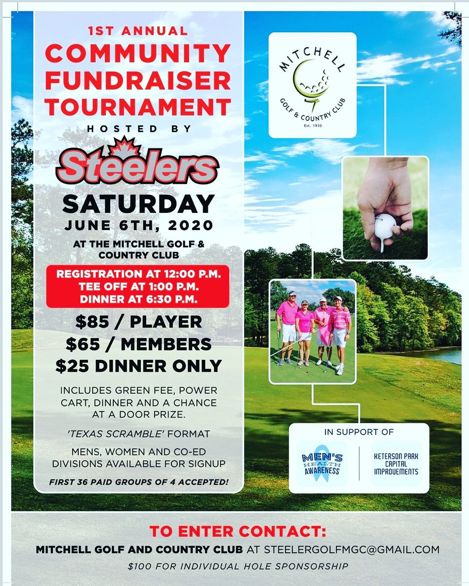 The Mitchell Steelers Slo Pitch organization are looking forward  to hosting our 1st ever charity golf tournament ⛳ this summer! 🌞 Proceeds from the event will be donated in support of "Keterson ⚾ Park" improvements. We hope you can join us at <a href="/MitchellGCC/">Mitchell Golf & Country Club</a> on June 6! RT = 👍