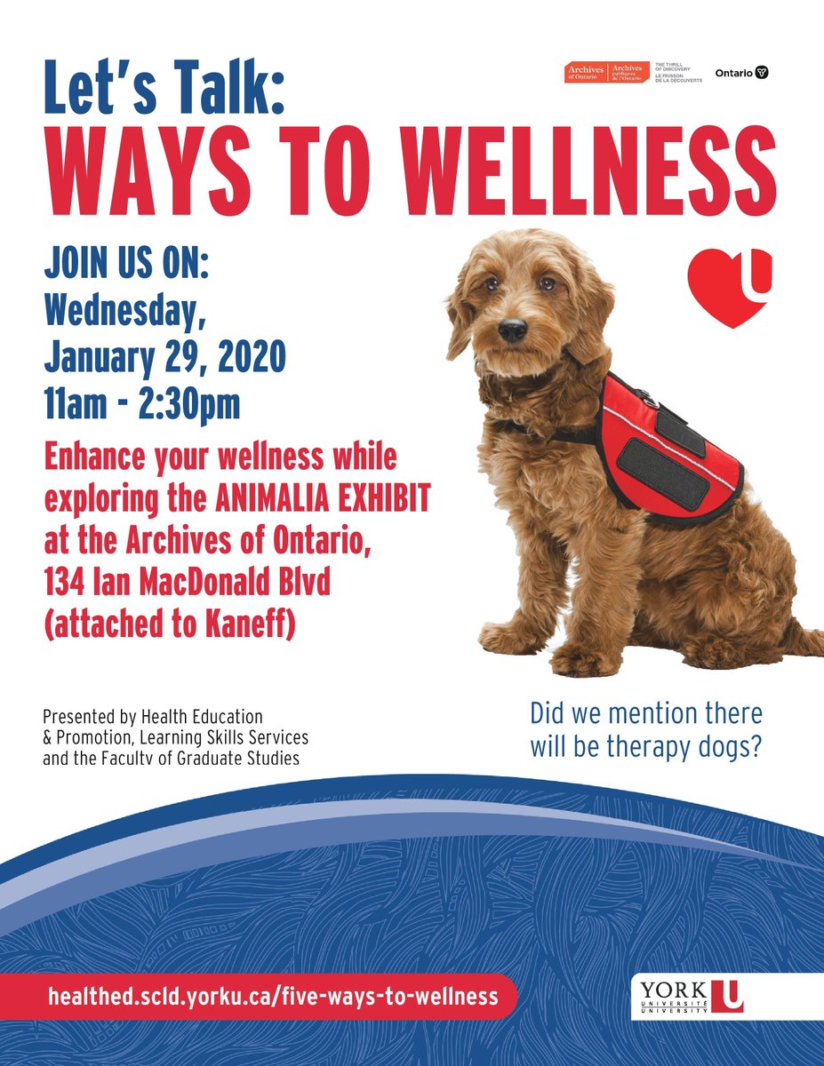 Mark your calendar! The therapy dogs will be back this Wednesday for #YULetsTalk. Join us <a href="/ArchivesOntario/">Archives of Ontario</a> this Wednesday for Ways to Wellness from 11am - 2:30pm. 
<a href="/mysuccessyorku/">Learning Skills @ YU</a> <a href="/studentlifeyu/">Student Life York U</a>  #therapydogs #BellLetsTalk #seeyouthere