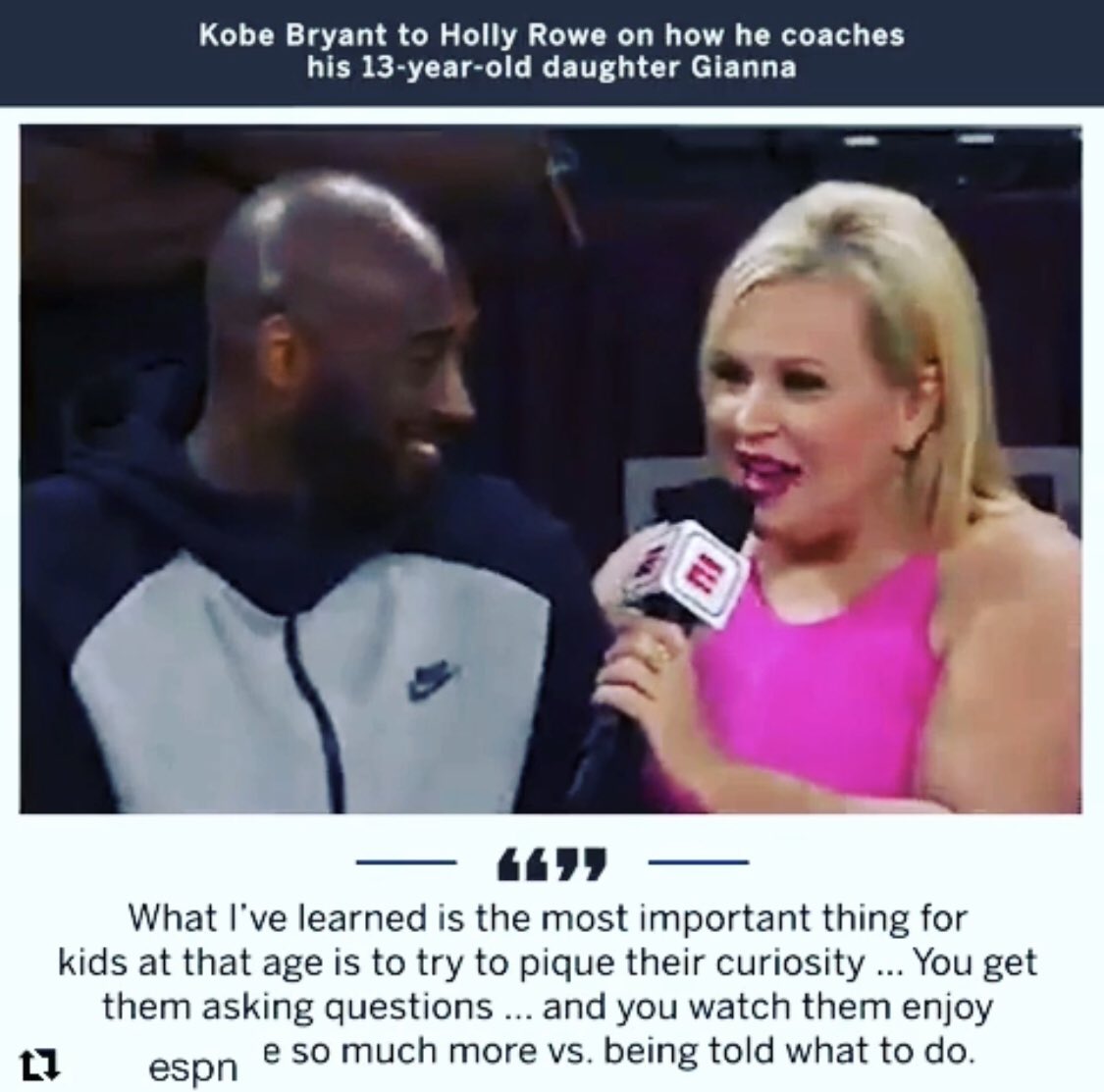 sportsiren's tweet photo. Devastated. ⁦@kobebryant⁩ was always great with me. His support of women’s sports &amp; those of us that cover them was unwavering. The last thing he said to me was, “If you ever need anything, I got you.” Grateful for his gracious spirit. ❤️ is breaking for his family #Kobe https://t.co/sMaCQrjiN5