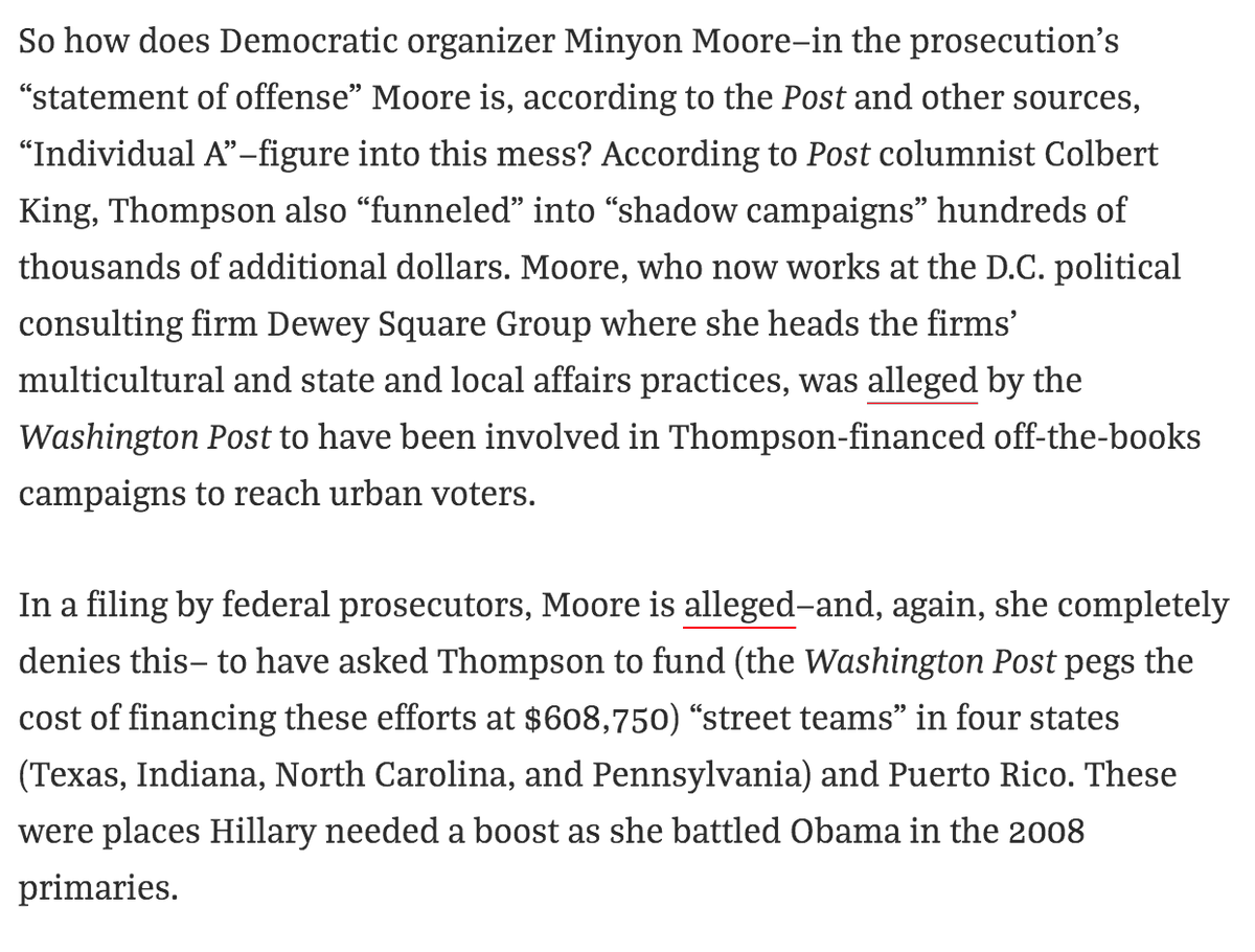 Minyon Moore was part of President Clinton's administration. She was CEO of Democratic National Committee. She was close confidante of Hillary Clinton's in '08 and '16. She was implicated in campaign finance scandal in 2014 involving "shadow campaigns." https://www.chicagomag.com/Chicago-Magazine/Felsenthal-Files/March-2014/Clinton-Insider-Minyon-Moore-Has-Deep-Chicago-Ties-and-Deep-DC-Problems/