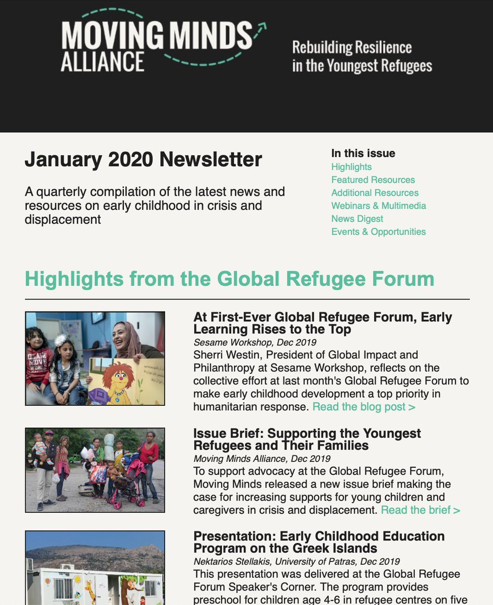 MovingMindsECD's tweet photo. NEW TODAY: The latest issue of the @MovingMindsECD newsletter is out! Catch up with news and resources on #earlychildhood in crisis, including highlights from the Global #RefugeeForum and other events coming up in 2020. Please share! https://t.co/aPkN4Cjbj7 #YoungestRefugees #ECD https://t.co/rhPwODz5eK