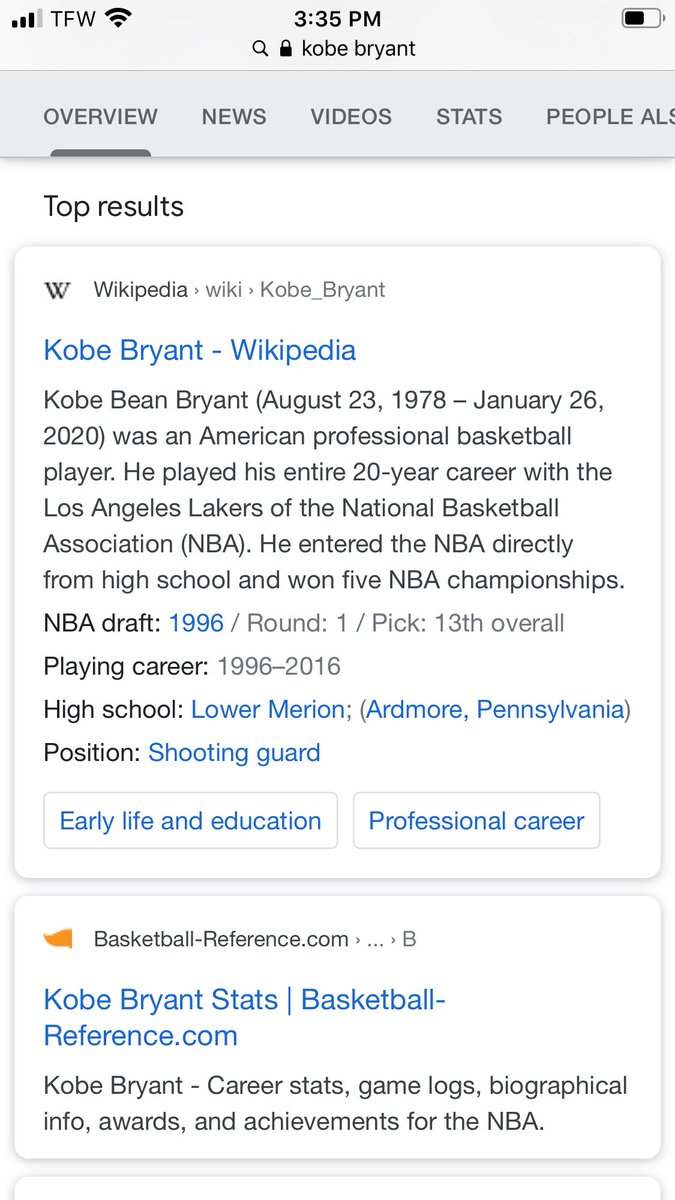 dread5s's tweet photo. Kobe Bryant dead on Wikipedia already 🤦🏾‍♂️ https://t.co/XyL9kpSTOc