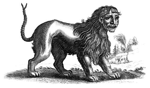 LE_Mythologie's tweet photo. Thanks for all your votes for #aMythForSunday We'll tell some #myths about lions and monsters. One of both is the Manticore, a phantastic and man-eating beast from persian #mythology It has a human head, the body of a lion and a venoumous tail. #folklore https://t.co/fI7BUjE2Jq