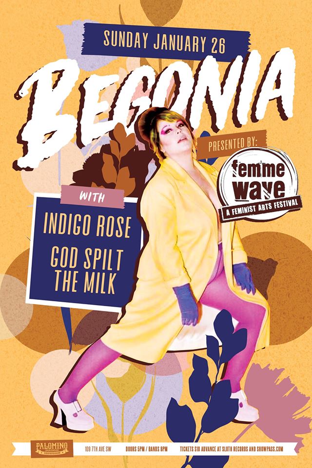 FemmeWave's tweet photo. ⚡️ 𝘛 𝘖 𝘕 𝘐 𝘎 𝘏 𝘛 ⚡️⁣
⁣
Do not miss our first show of 2020 at @ThePalomino! The only place to be this Sunday is at #FemmeWave presents @hellobegonia, @indigotherose and God Spilt The Milk. ⁣#yyc #yycevents 
⁣
👉 Doors at 5PM ⁣
👉 Bands at 6PM https://t.co/Jk4yMcTaWQ