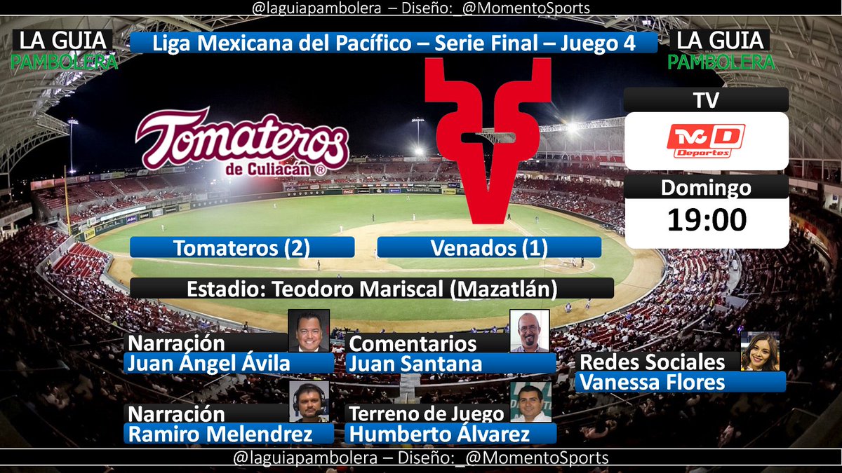 laguiapambolera's tweet image. HOY: #NoTodoEsFútbol #MSBeisbol #FinalLMP @clubtomateros @venados_mzt por @TVCDeportes con @juanangelavila Ramiro Melendrez, Juan Santana @halvarez48 y @FlorsVanessa (18:45hrs) #CLNvsMZT