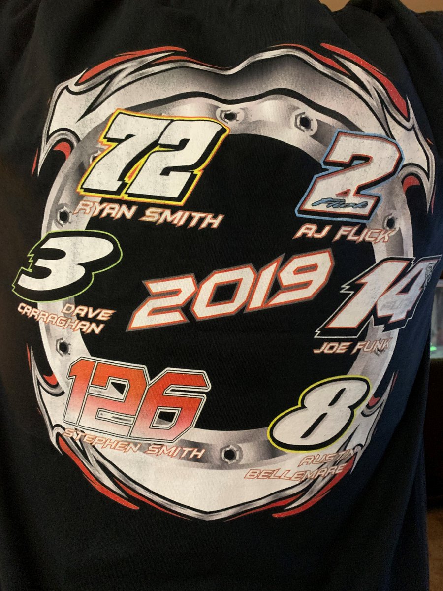 RedRobinRacing's tweet photo. We would like to thank Checkered Flag Media and Sue for getting us a t-shirt commemorating the 2019 racing season and our partnerships with @RyanSmithRacing, @CompleteChaos2, @JoeFunkRacing, @DC3Racing, Austin Bellemare and @Smithracing126. #thankyou 🏁🏁 https://t.co/GYhqlz1XF8